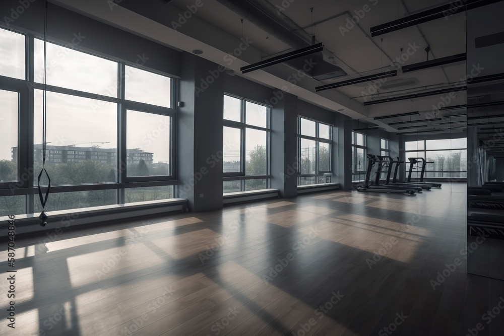  an empty gym room with a lot of windows and a view of the city through the window panes of the room are empty and there is a row of treadmills in the foreground.  generative ai