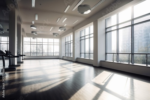  a large room with lots of windows and a row of treadmills on the side of the room with a view of the city. generative ai