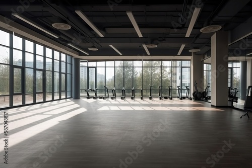  an empty gym with lots of windows and a row of exercise bikes on the wall in the center of the room with a view of the city. generative ai
