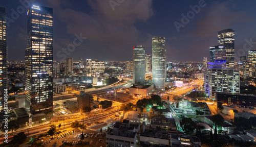 Tel Aviv-Yafo, Israel - September 23, 2020: Tel Aviv night aerial panorama. Modern glass skyscrapers