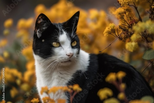 Black and white cat with two colors in a flower garden. Generative AI © AkuAku