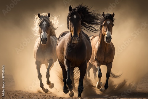 A group of horses running in the sand  generative ai