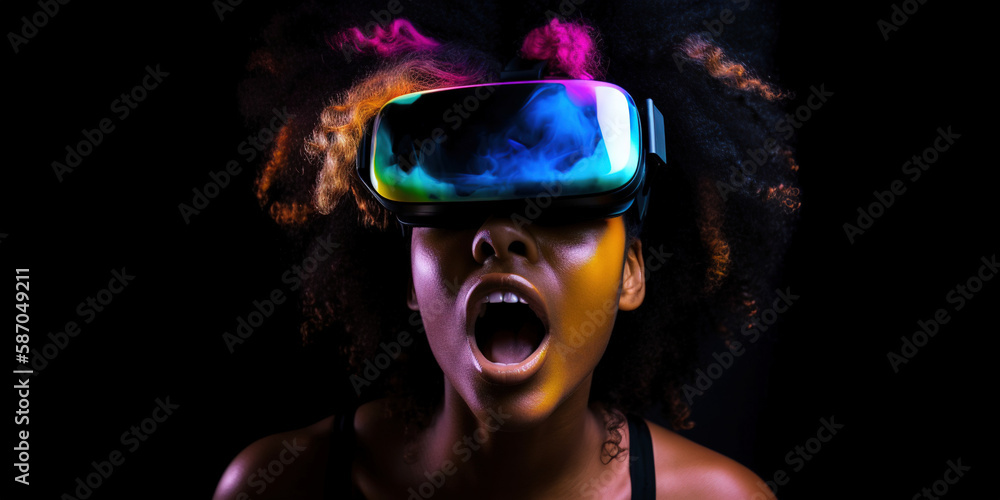 Portrait of an African-American woman in astonishment wearing a virtual reality headset. Vivid colors neon glowing HMD generative ai Portrait of an African-American woman in astonishment wearing a virtual reality headset. Vivid colors neon glowing HMD generative ai