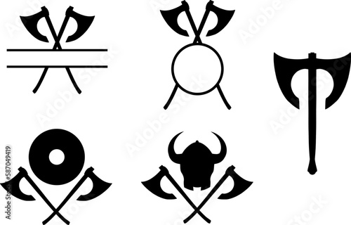 Silhouette: Set gekreuzte Äxte - Wikinger . Symbol mit Wikingerhelm