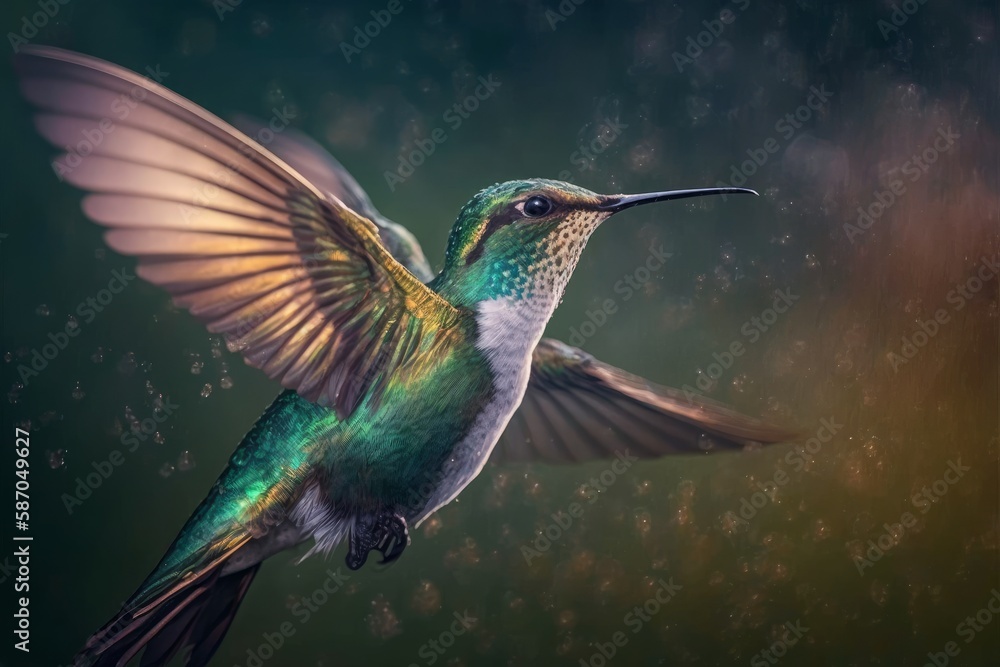 Obraz premium Close up photo of hummingbird flying on green background, generative ai