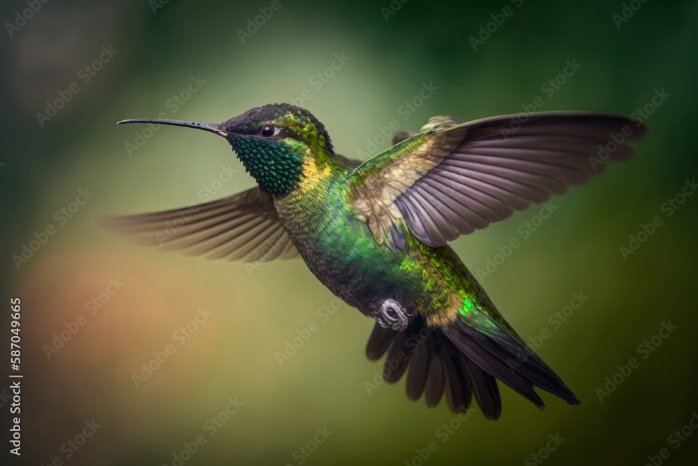 Fototapeta premium Close up photo of hummingbird flying on green background, generative ai