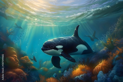 Killer Whale in a beautiful coral reef   Aquatic Animal illustrations backgrounds wallpapers portraits  
