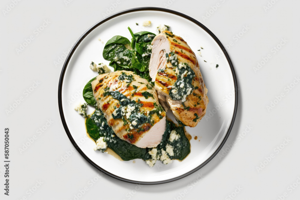 Keto Spinach And Feta Stuffed Chicken On Plate, White Background. Generative AI