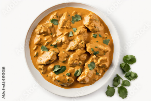 Keto Butter Chicken On Plate, White Background. Generative AI