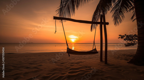 Tropical sunset beach and sky background as exotic summer landscape with beach swing or hammock and white sand and calm sea beach. Generative Ai