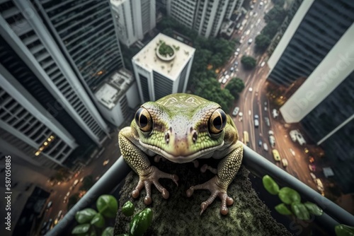 Giant Tree Frog on building in a city, generative ai photo