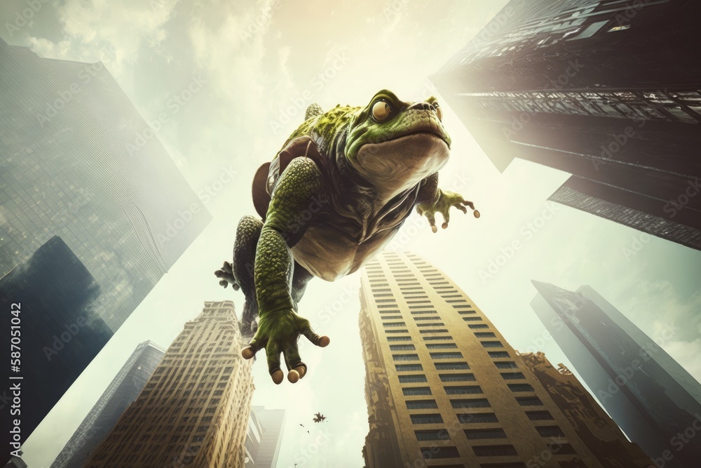 Giant Tree Frog jumping across buildings in a city, generative ai Stock ...