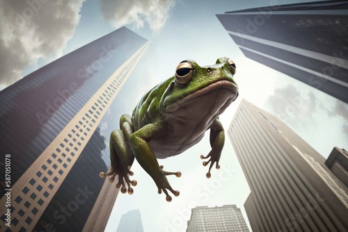 Giant Tree Frog jumping across buildings in a city, generative ai photo