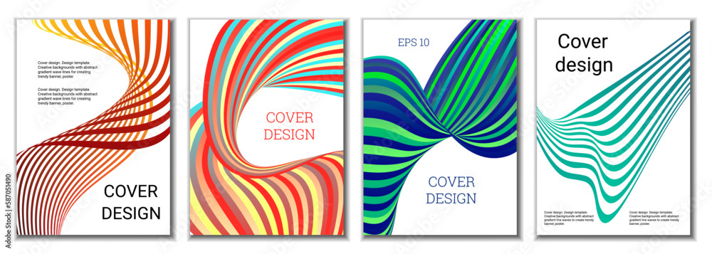 A set of 4 abstract covers. Wavy parallel gradient lines, ribbons evolve. Cover design, background. Trendy banner, poster. A set of 4 abstract covers. Wavy parallel gradient lines, ribbons evolve. Cover design, background. Trendy banner, poster.