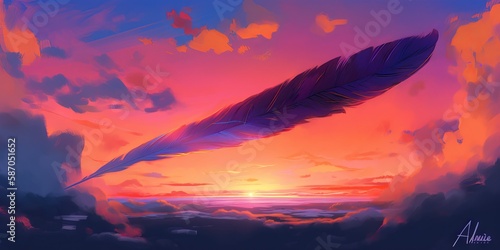 feather falling from sky over sunset © Ryuji