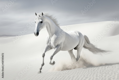 A white horse running in the sand dunes. Generative Ai