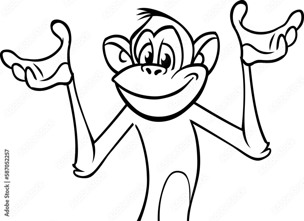 Obraz premium Cartoon funny monkey chimpanzee outlined. Vector illustration of happy monkey character for coloring book. Black and white contours animal