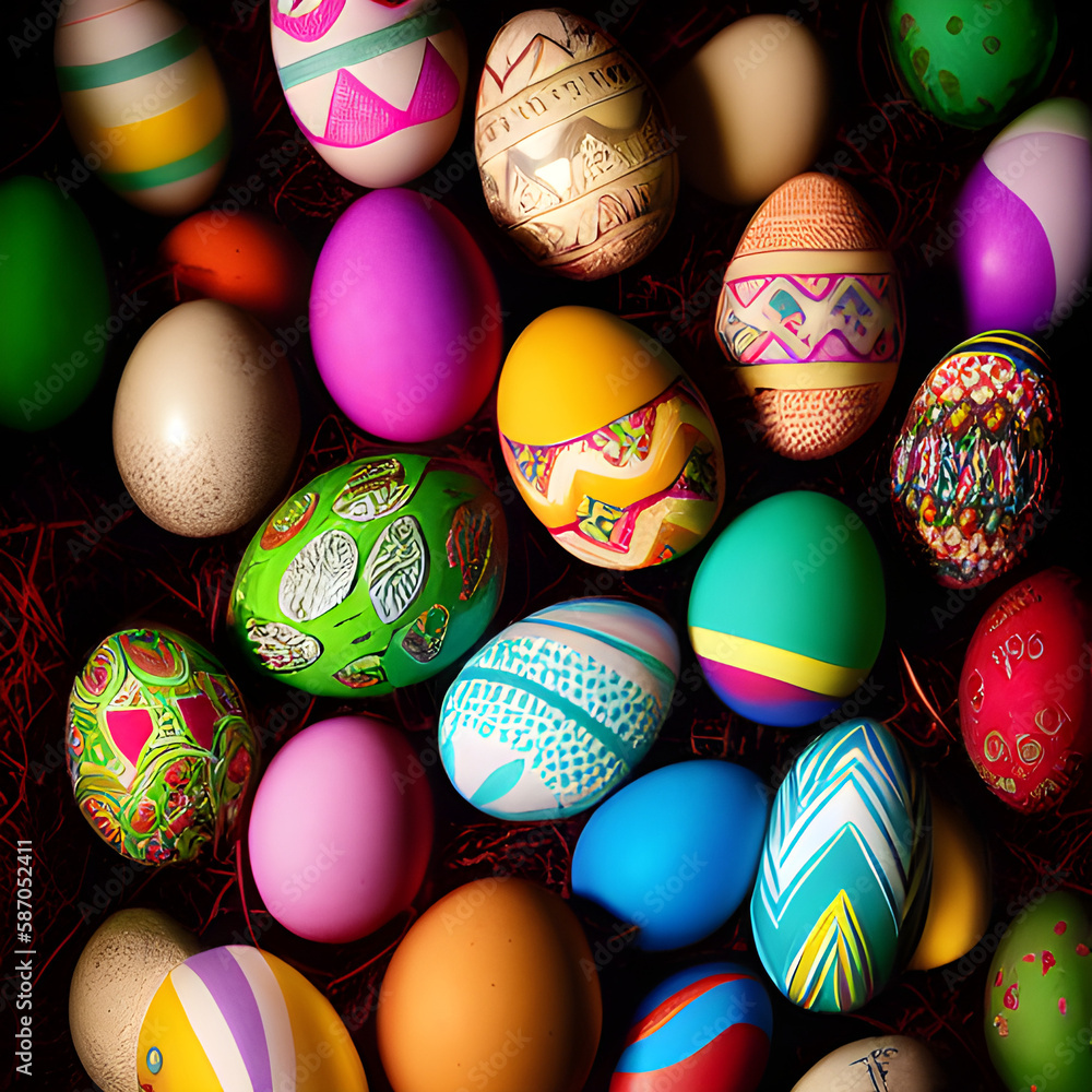 Ovos de páscoa com desenhos coloridos. IA generativa.