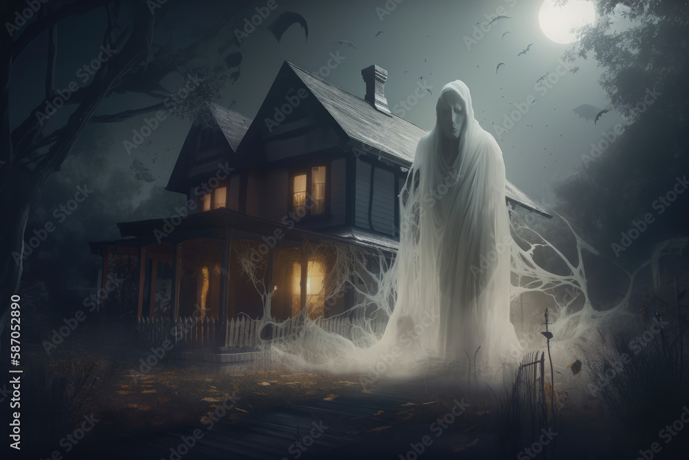 A ghost standing infront of a house under a full moon. Created with Generative AI. A ghost standing infront of a house under a full moon. Created with Generative AI.
