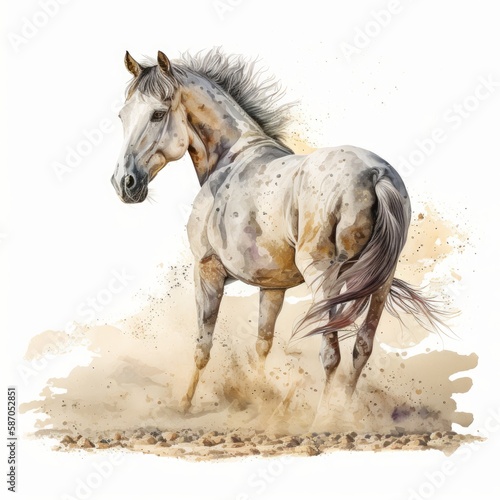 Watercolor illustration of a horse running on sand  isolated on white background. Generative Ai