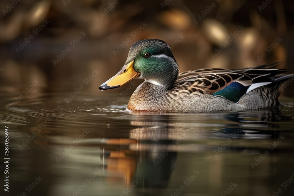 Fototapeta premium Mallard male duck swimming in a body of water. colored head. The end of winter. Detailed portrait. Generative AI