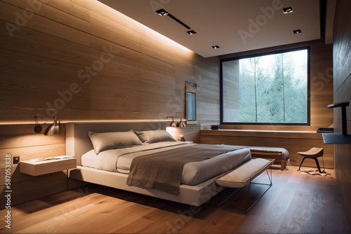  a bedroom with a large bed and a window in the corner of the room with lights on the side of the bed  and a chair and a table with a lamp on the side.  generative ai