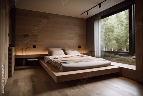 a large bed sitting in a bedroom next to a window with a view of a forest outside of the window and a lamp on the side of the bed. generative ai