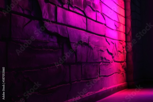  a brick wall with a red light coming from it and a purple light coming from the brick wall behind it, and a red light coming from the brick wall. generative ai
