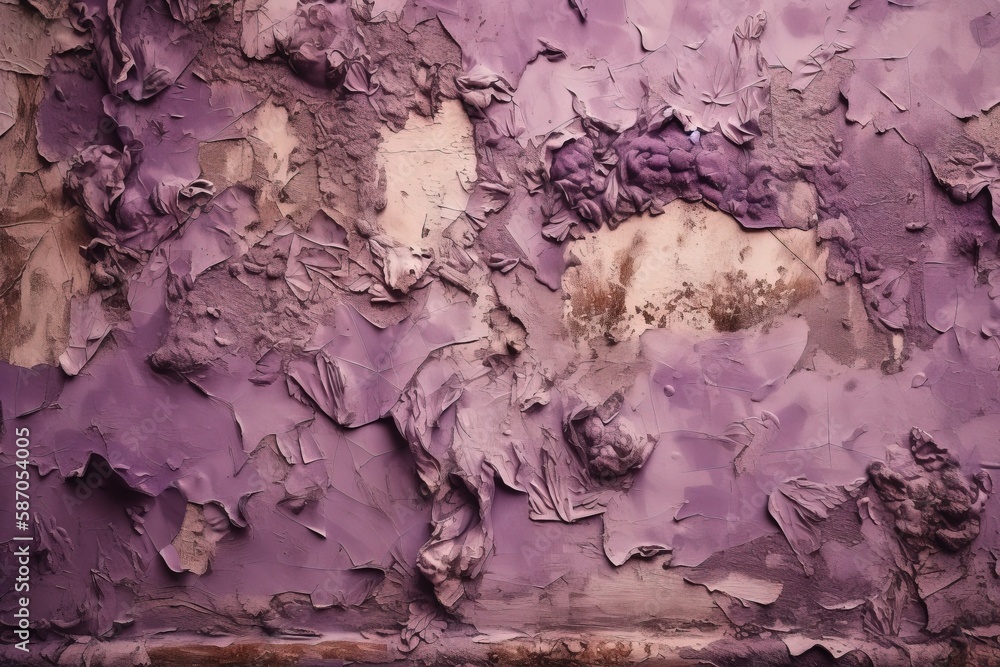  a purple wall with peeling paint and a fire hydrant in the foreground of the picture, and a white fire hydrant in the middle of the wall.  generative ai