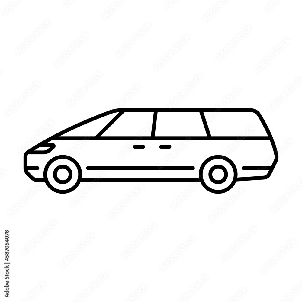 Minivan icon. Black contour linear silhouette. Side view. Editable strokes. Vector simple flat graphic illustration. Isolated object on a white background. Isolate.