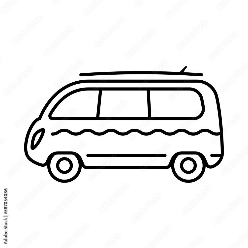 Minibus icon. Minivan, camper. Black contour linear silhouette. Side view. Editable strokes. Vector simple flat graphic illustration. Isolated object on a white background. Isolate.
