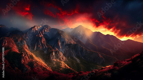 Mountainous landscape with rich shades of red orange. Generative AI.