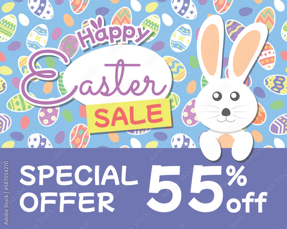 Fototapeta premium Happy Easter Sale Special Offer 55% off with Rabbit Illustration and Easter Egg Background