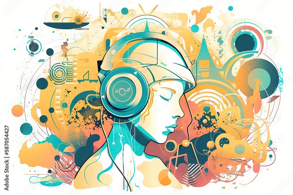  a woman with headphones on her head is surrounded by colorful circles and circles on a white background with a splash of paint on it.  generative ai