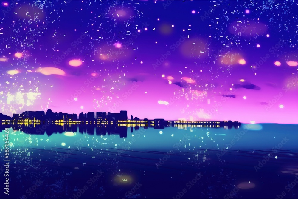  a purple and blue background with a city skyline and a body of water in the foreground and a purple and blue sky with a lot of stars in the background.  generative ai