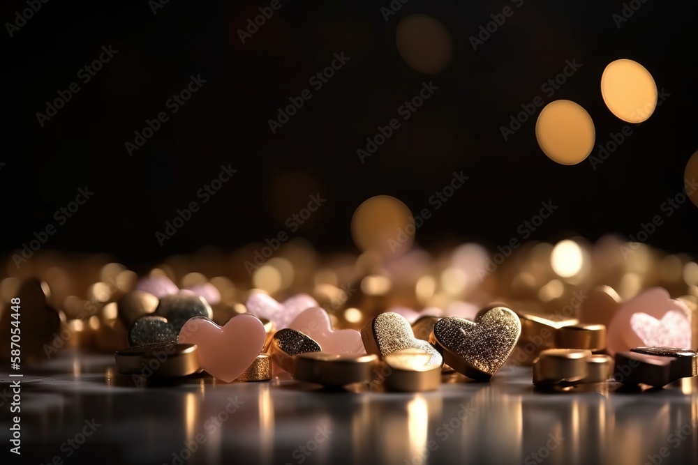 a group of small hearts sitting on top of a table next to each other on a black surface with lights in the backround. generative ai a group of small hearts sitting on top of a table next to each other on a black surface with lights in the backround. generative ai
