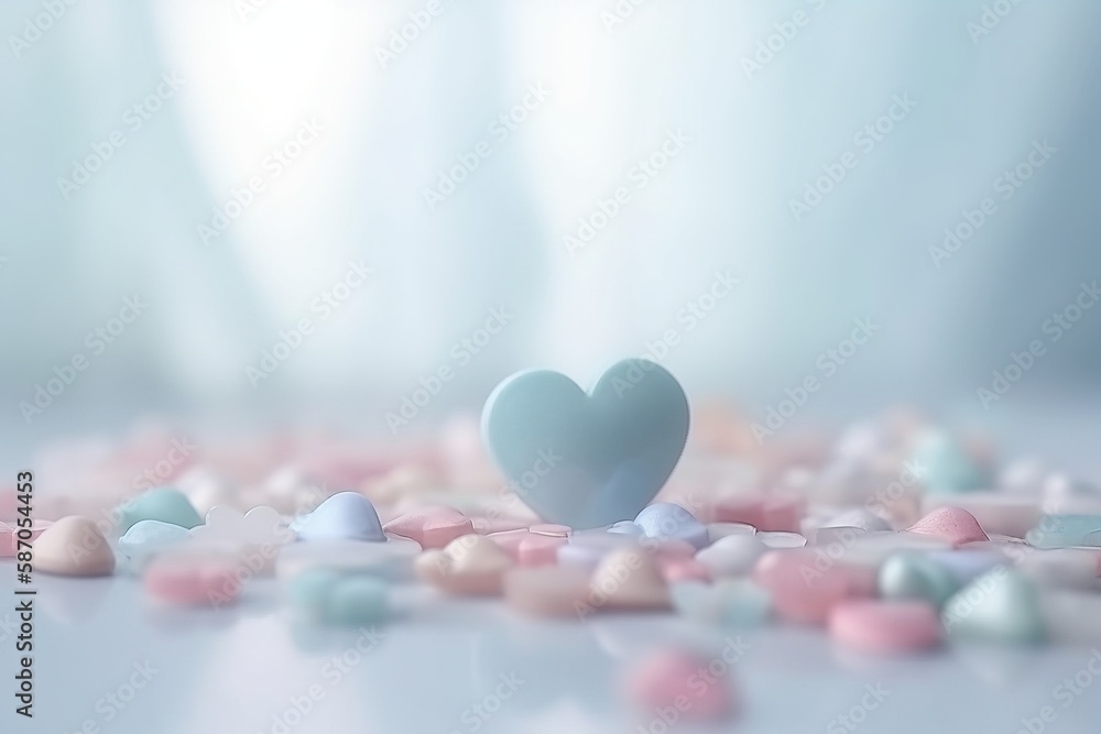  a heart shaped object surrounded by small candy hearts on a table with a white curtain in the background and a light blue curtain in the background.  generative ai