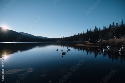  a group of birds standing on top of a lake next to a forest filled with tall pine covered mountains under a blue sky with the sun. generative ai