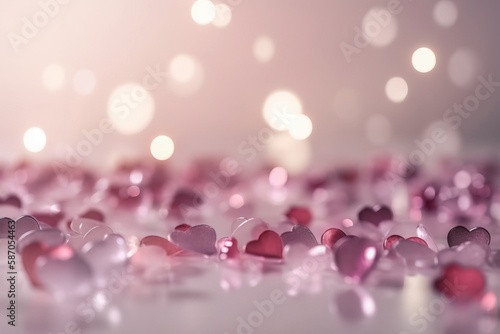  a bunch of hearts that are laying on the ground with a blurry background of hearts on the ground  with a light in the background.  generative ai