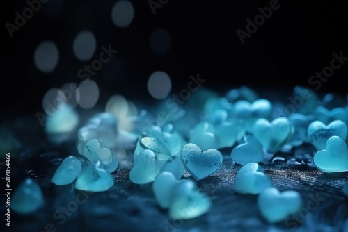  a close up of a bunch of blue hearts on a black surface with blurry lights in the background and a blurry image of the background. generative ai