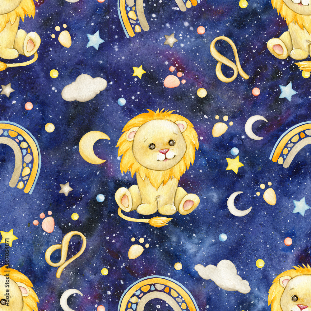 Leo, stars, rainbow, symbols of the astrological calendar. Watercolor seamless pattern, cartoon style, on a blue, cosmic background.