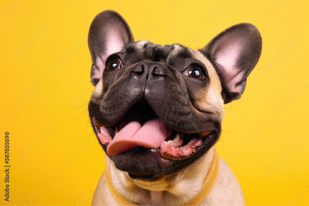 Φωτογραφία The tongue of a French bulldog is seen on a yellow background