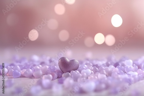  a heart shaped object surrounded by purple and white confetti on a white surface with boke of lights in the background and a soft pink tone. generative ai