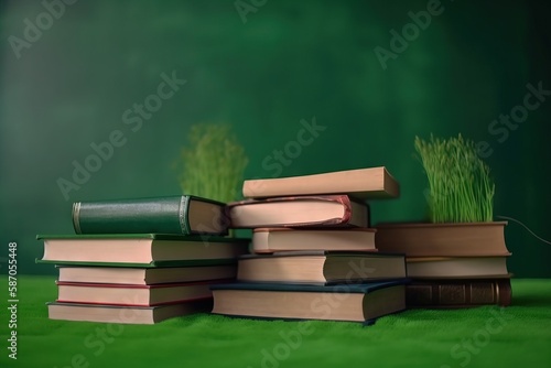  a stack of books with a plant growing out of one of the books on top of them on a green surface with a green background. generative ai