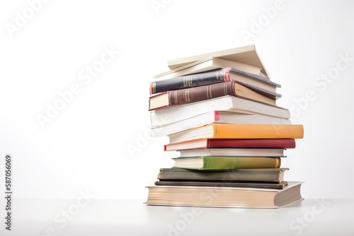  a stack of books sitting on top of each other on top of a white tablecloth covered table top next to a white wall with a white background. generative ai