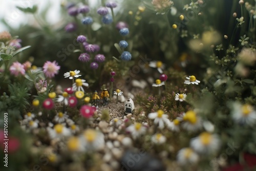  a bunch of flowers that are in the grass and some dirt on the ground with rocks and grass on the ground and flowers in the ground. generative ai