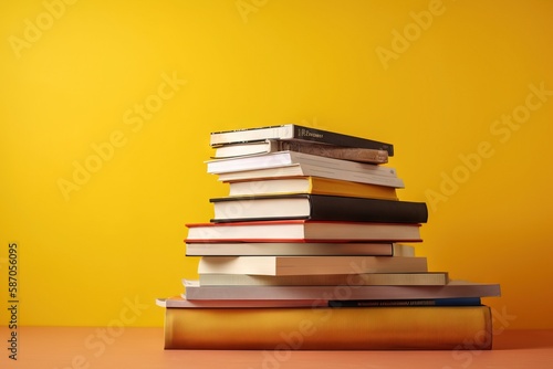  a stack of books sitting on top of each other on top of a wooden table next to a yellow wall and a yellow wall in the background. generative ai