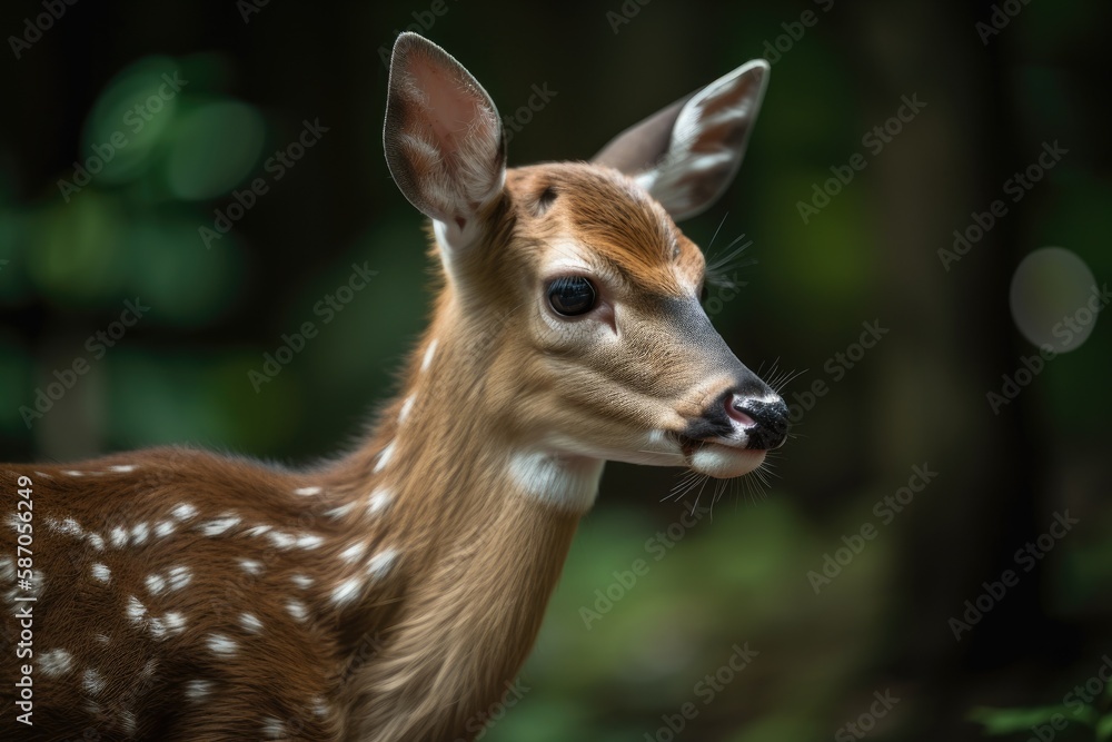 Fawn, a sweet little deer kid Looking to the Side in the Forest with a Green Background. Generative AI Fawn, a sweet little deer kid Looking to the Side in the Forest with a Green Background. Generative AI