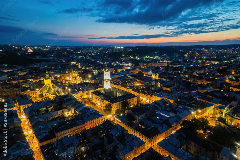 panoramic view on sunset above old european city.