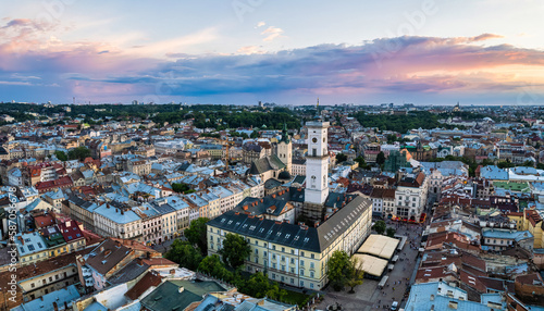 Panoramic summer view from drone on historical center of Lviv city